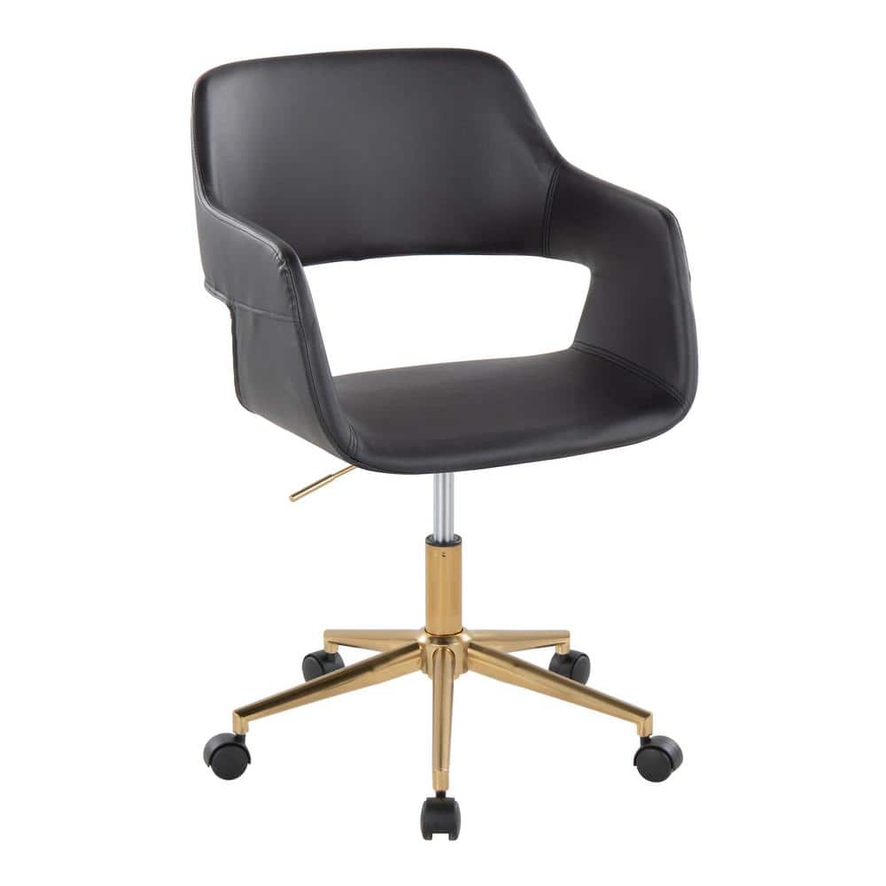 Lumisource Margarite Faux Leather Adjustable Height Task Chair in Black Faux Leather and Gold Metal with 5-Star Caster Base, Black Faux Leather & Gold Metal