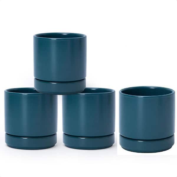 Small Teal Ceramic Indoor/Outdoor Planter with Saucer (4.7 in. W x 4.9 in. H) 4-Pack