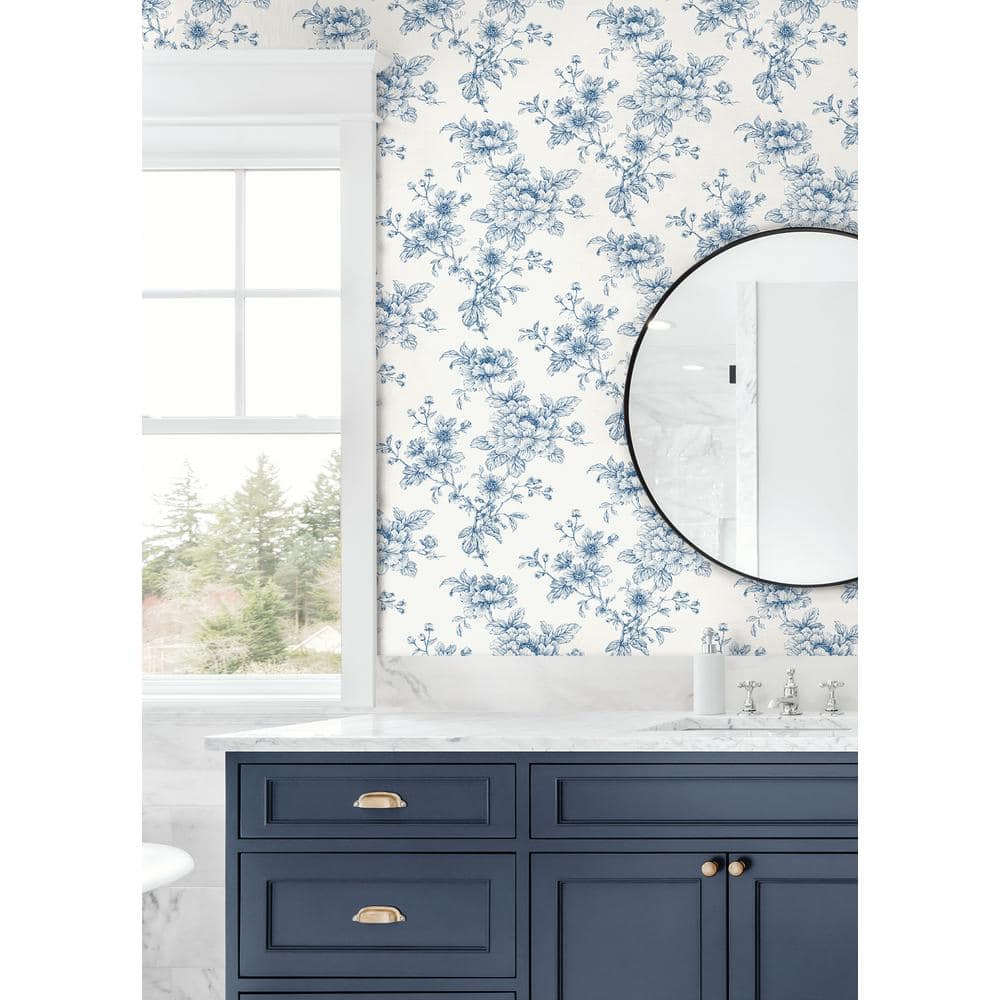 Blue Floral Vinyl Self-Adhesive Peel and Stick Wallpaper Roll