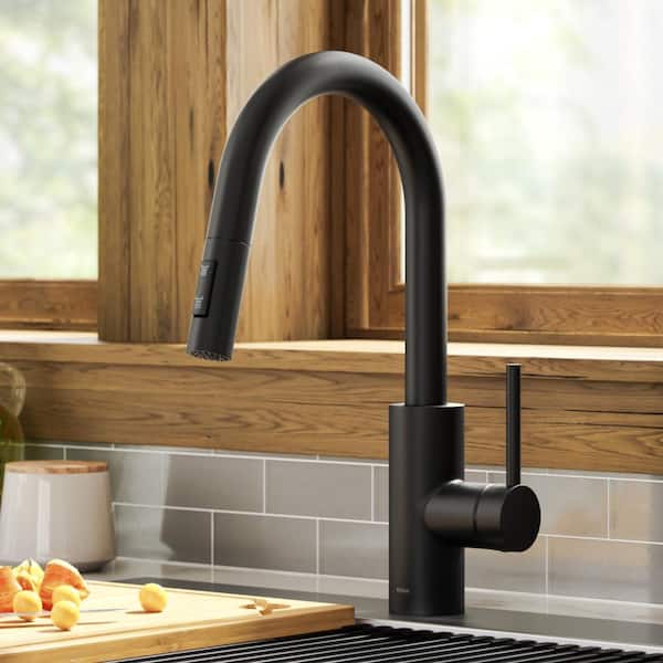 Oletto Single Handle Pull Down Sprayer Kitchen Faucet with QuickDock Top Mount Installation Assembly in Matte Black