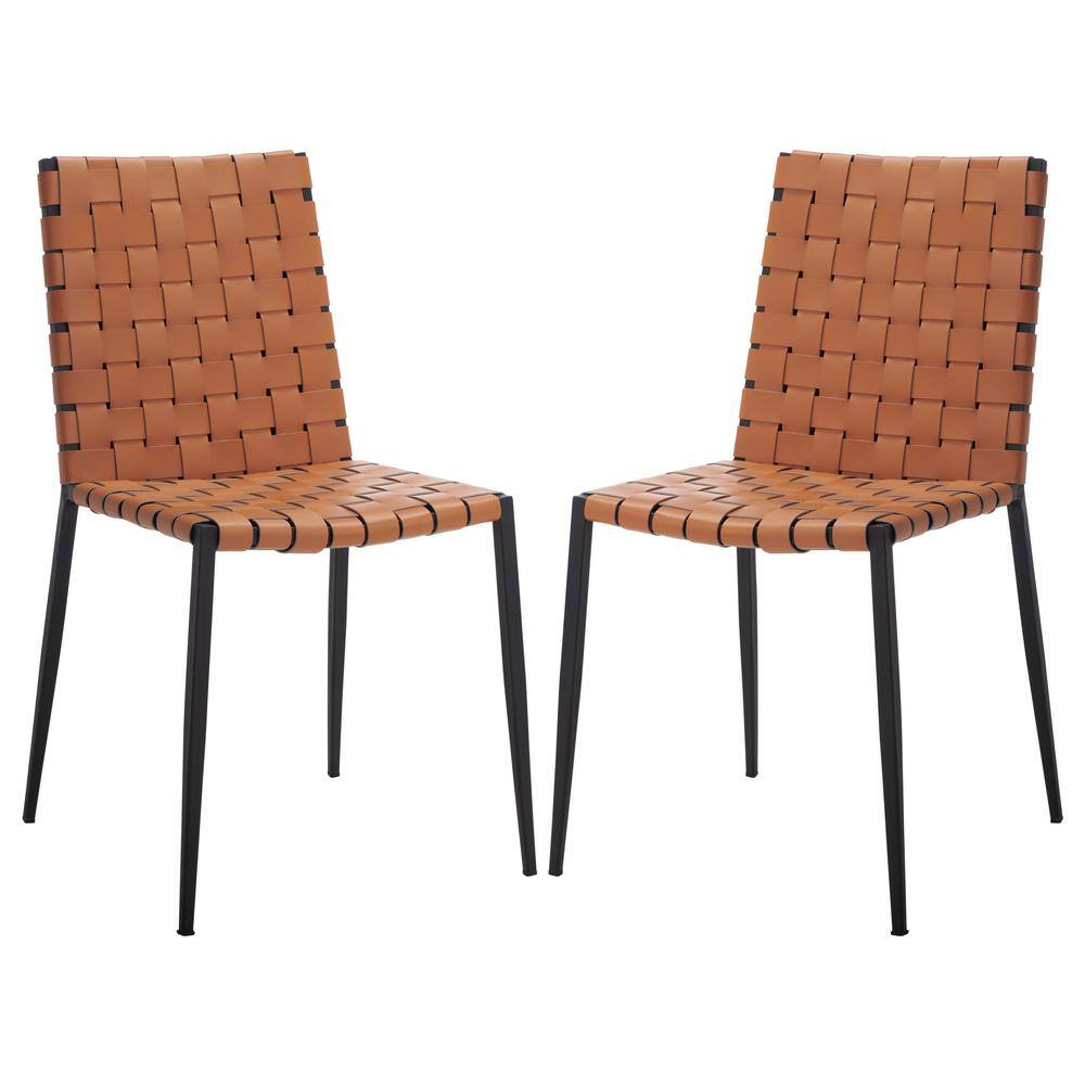 Cognac Leather & Black Metal Parsons Side Chair Set