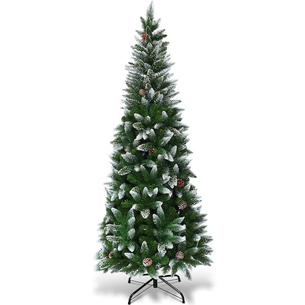 Costway 6 ft. Green and White Unlit Snow Flocked Artificial Christmas Tree Pencil with Hinged Pine Cones
