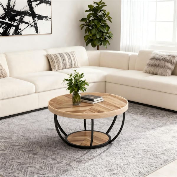 31.7 in. Farmhouse Brown Round Wood Coffee Table with Storage, 2-Tier Small Modern Center Table for Living Room, Office