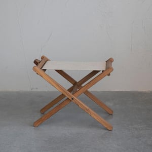 18.5 in. Natural Teak Wood Folding Stool with Linen Seat