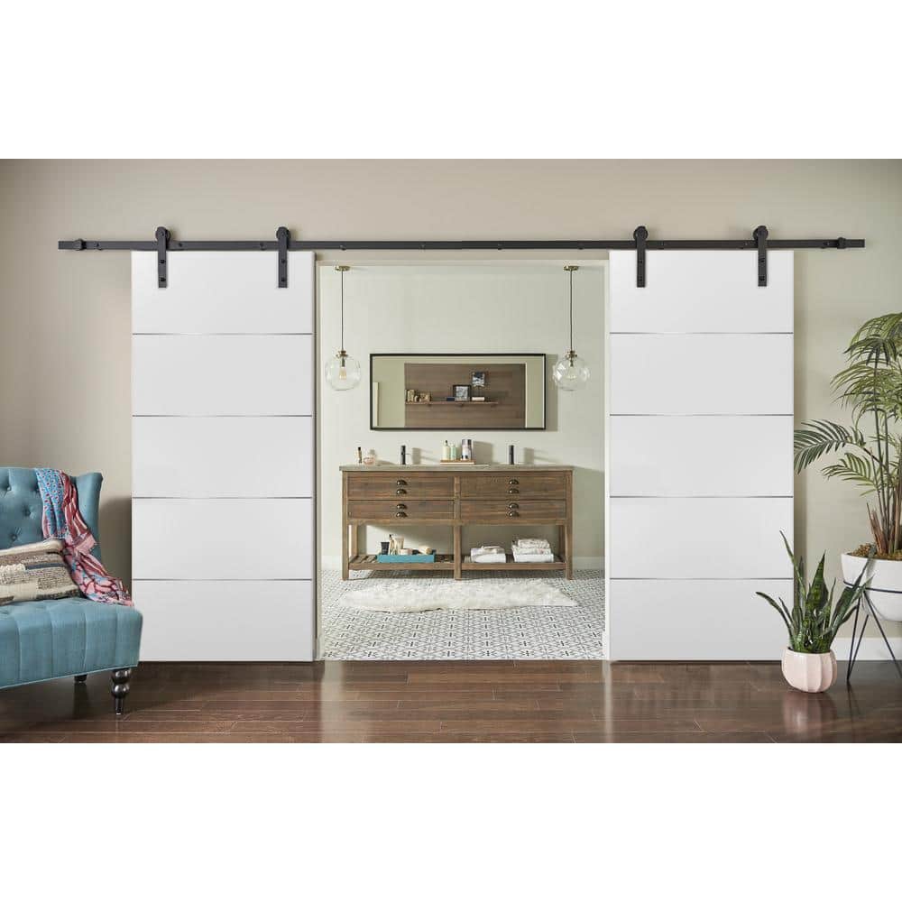Modern White Solid Core Barn Door Slab with Black Hardware