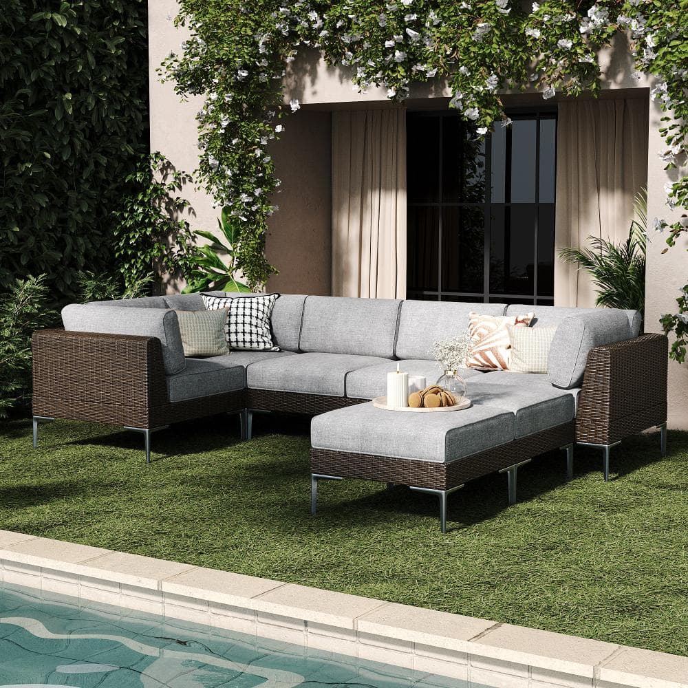 7-Piece Wicker Rattan Patio Sofa Sectional Conversation Set with Gray 6-inch Cushions
