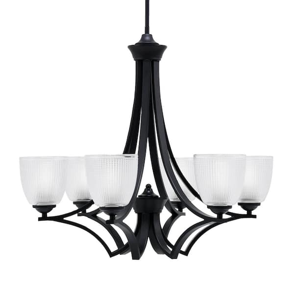 Unbranded Clevelend 6-Light Matte Black Round Chandelier with 5 in. Clear Ribbed Glass Shades, No bulbs included