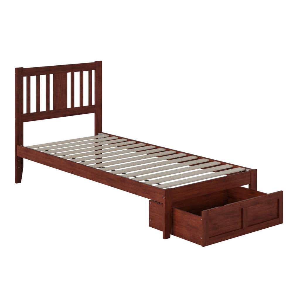 Walnut Twin Wood Frame Bed with Storage Drawer and USB Charger