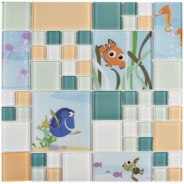 Disney Finding Nemo Aqua 11-3/4 in. x 11-3/4 in. x 5 mm Glass Mosaic Tile