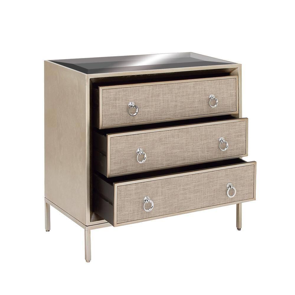 Beige Upholstered 3 Drawer Chest with Mirrored Top and Ring Handles
