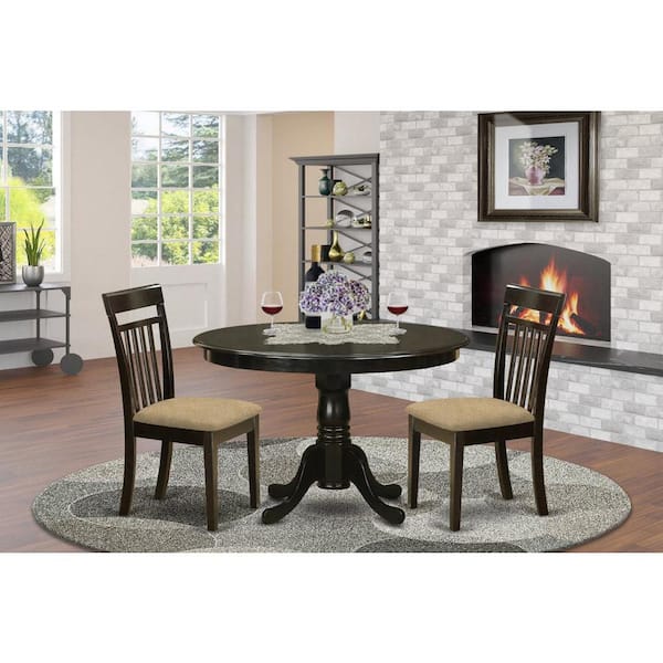 East West Furniture 3-Piece Round Cappuccino Finish Solid Wood Top Dining Table with 2 Chairs with Lattice Back