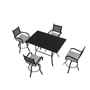 5-Piece Aluminum Bar Height Outdoor Dining Set 360-Degree Chair andquare Table with Gray Cushion and Umbrella Hole