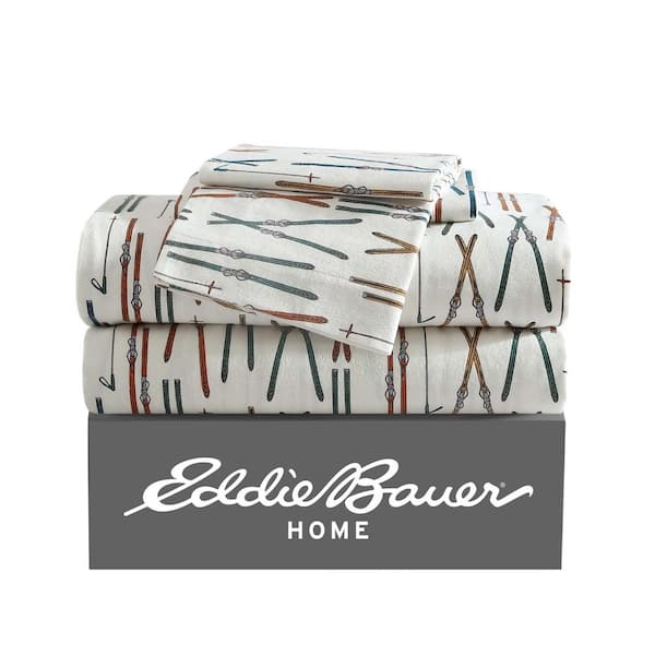 Ski Line 3-Piece White Cotton Flannel Twin Sheet Set