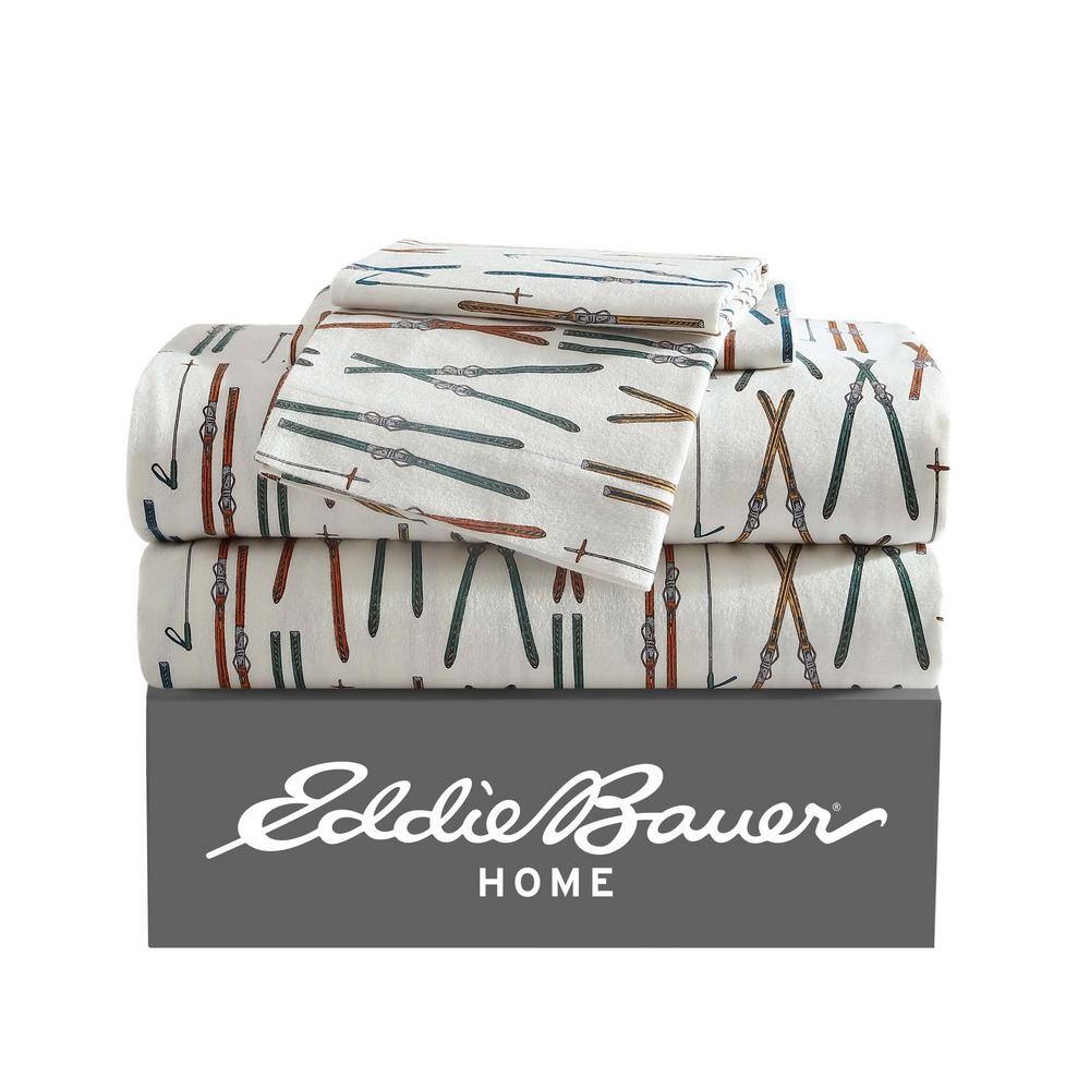 Eddie Bauer Ski Line 4-Piece White Cotton Flannel Queen Sheet Set