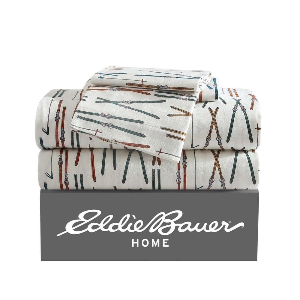 EDDIE BAUER Ski Line 4Piece White Cotton Flannel King Sheet Set