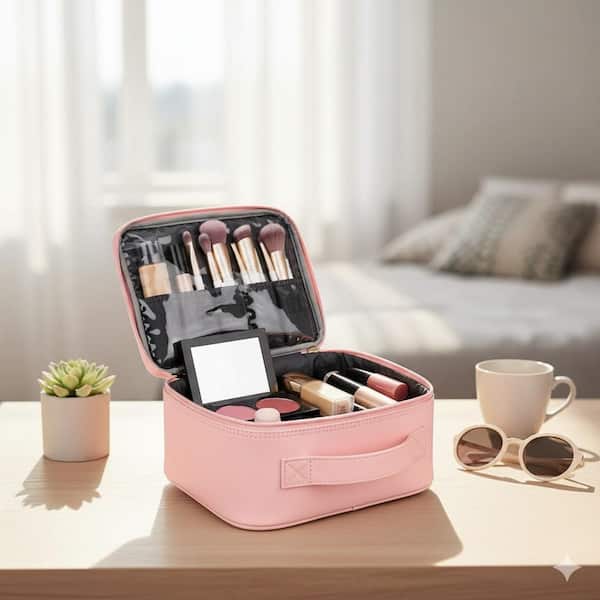 Lynzavix Pink PU Leather Travel Toiletry Bag Makeup Case with