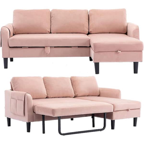 Uixe 72.44 in. Square Arm Velvet Convertible Sleeper Sofa L-Shape Reversible Sectional Sofa in Pink with Storage Chaise