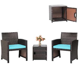3-Pieces Patio PE Rattan Conversation Furniture Set Bistro Set with Waterproof Cover Turquoise