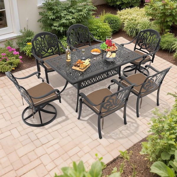 7-Piece Black Cast Aluminum Patio Outdoor Dining Set with  4 Dining Chairs and 2 Swivel Chairs, Brown Cushions
