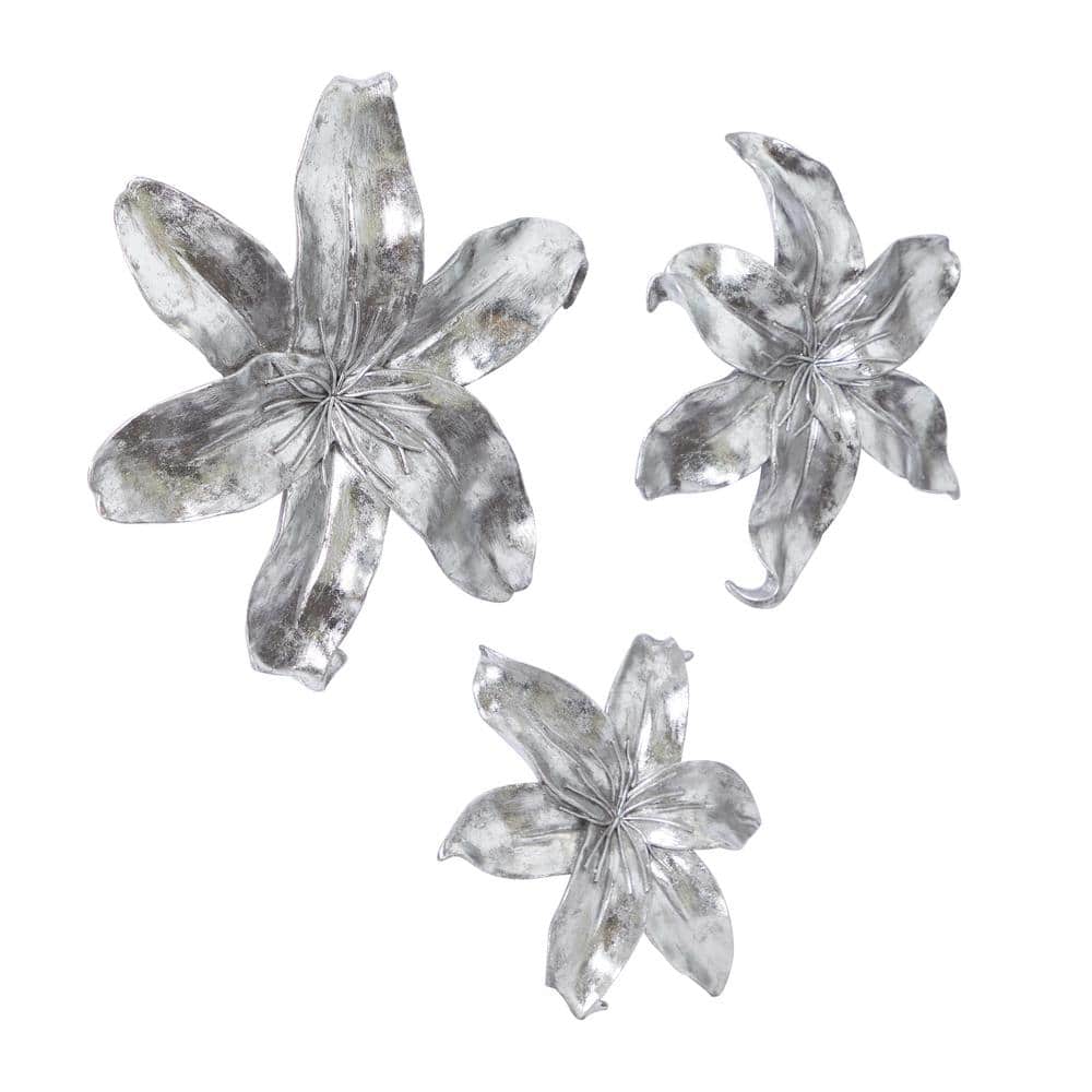 Silver Resin 3D Floral Wall Sculpture Set of Three
