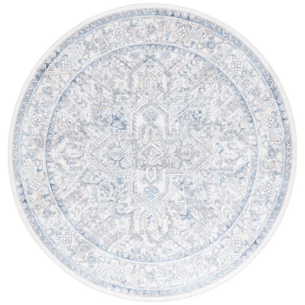 Orlando 7 ft. x 7 ft. Round Ivory/Light Blue Vintage Distressed Medallion Washable Area Rug