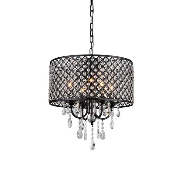 Warehouse of Tiffany Monet 17 in. Black Indoor Drum Shade Crystal Chandelier with Shade