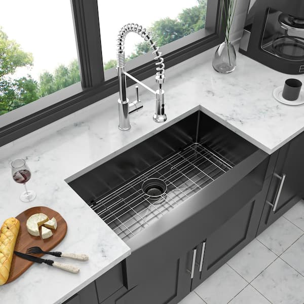 Unbranded 33 in. Farmhouse Single Bowl 16 Gauge Gunmetal Black Stainless Steel Kitchen Sink with Bottom Grid