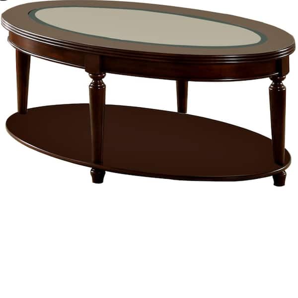 Furniture of America Granvia 48 in. Dark Cherry Large Oval Glass Coffee Table with Shelf