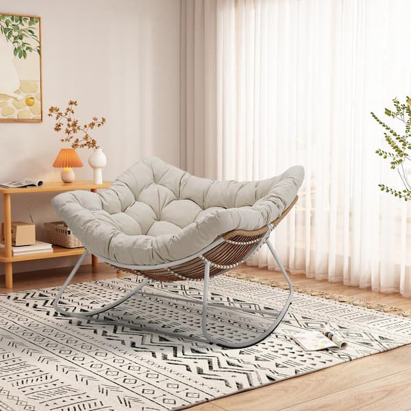 Unbranded Beige Metal Outdoor Rocking Chair with Cushions and White Frame