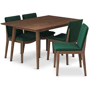 Brodie 5-Piece Mid-Century Rectangular Walnut Top 47 in. Dining Set with 4 Velvet Dining Chairs in Green