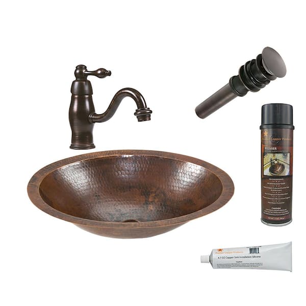 Premier Copper Products All-in-One Small Oval Under Counter Hammered Copper Bathroom Sink in Oil Rubbed Bronze