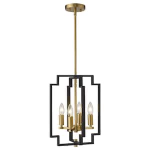 4-Light Black and Gold Cage Pendant Light Adjustable Kitchen Hanging Light, No Bulbs Included