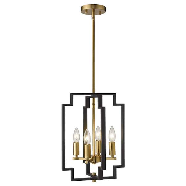 JAZAVA 4-Light Black and Gold Cage Pendant Light Adjustable Kitchen Hanging Light, No Bulbs Included