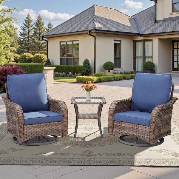 3-Piece Patio Wicker Outdoor Rocking Chair with 360° Arbitrary Rotation, Equipped with a table and Blue Cushions
