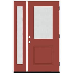 Legacy 53 in. x 80 in. 1/2 Lite Rain Glass LHOS Primed Morocco Red Finish Fiberglass Prehung Front Door w/14 in. SL