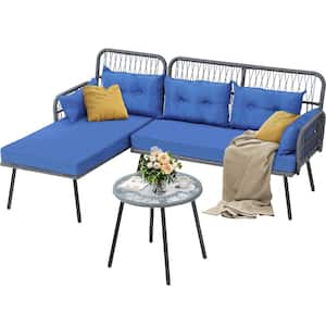 Gray 3-Piece Outdoor Patio Furniture Set L-Shaped Sectional Wicker Conversation Sets with Blue Cushions