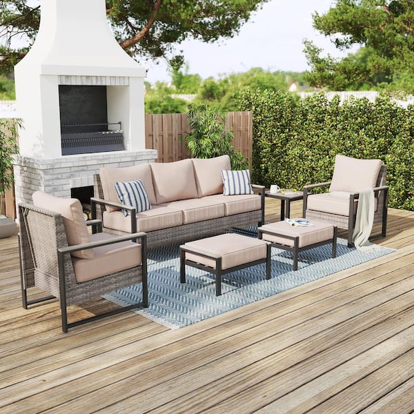 6 Pieces Patio Conversation Set Sofa Set with Ottomans and Side Table Gray PE Wicker with Sand Cushion