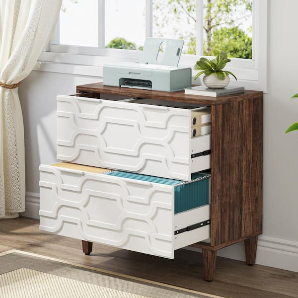Cindy Collection 2-Drawer Brown and White Wood 31.5 in. W Lateral File Cabinet with Storage Drawer for Home and Office
