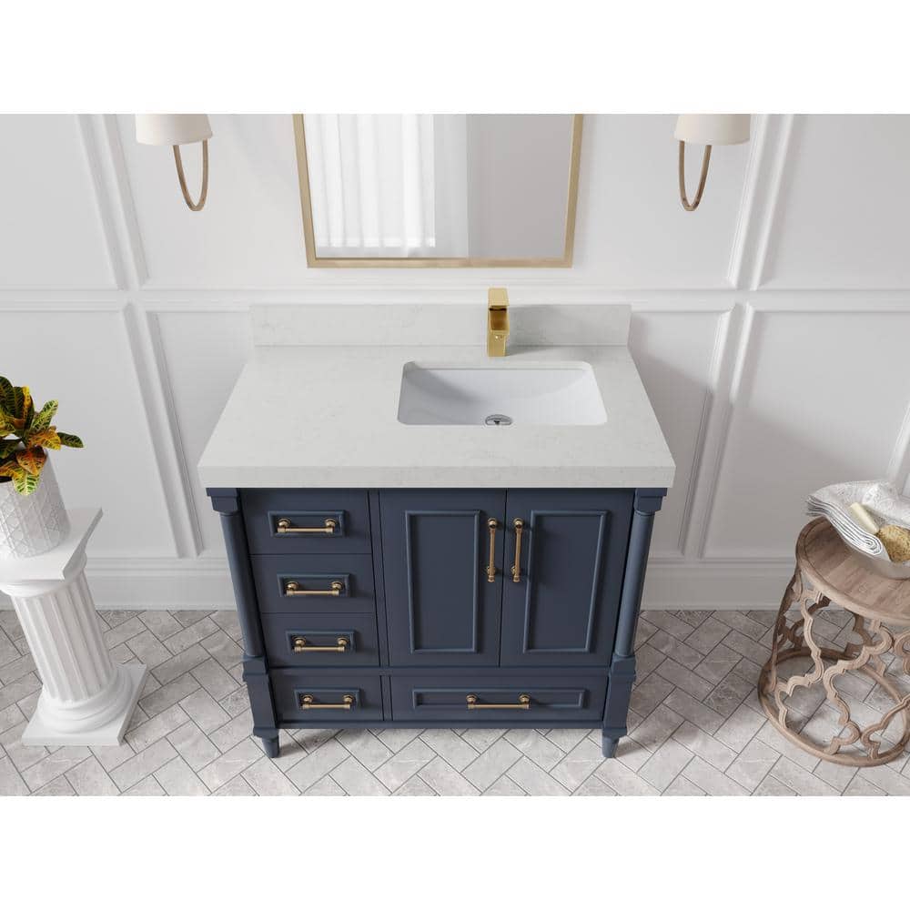 Hudson 36" Navy Blue Solid Wood Freestanding Vanity with White Quartz Top