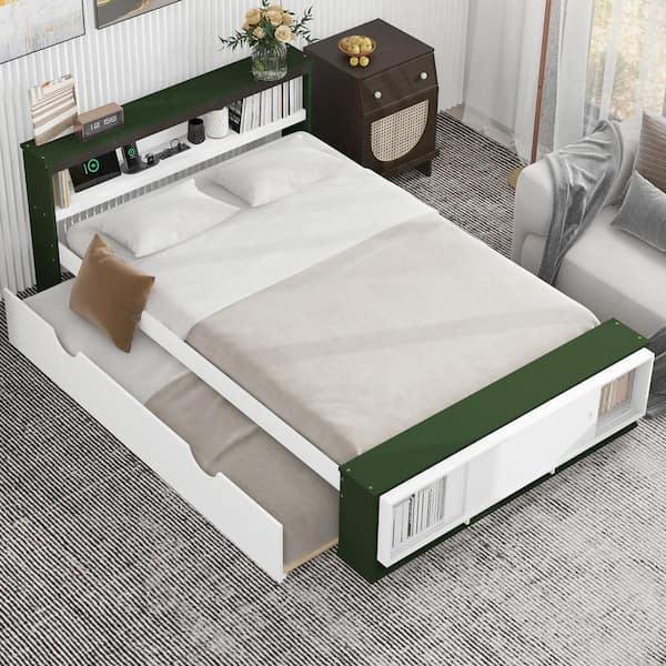 Qualler Green and White Wood Frame Full Platform Bed with Trundle and USB Ports