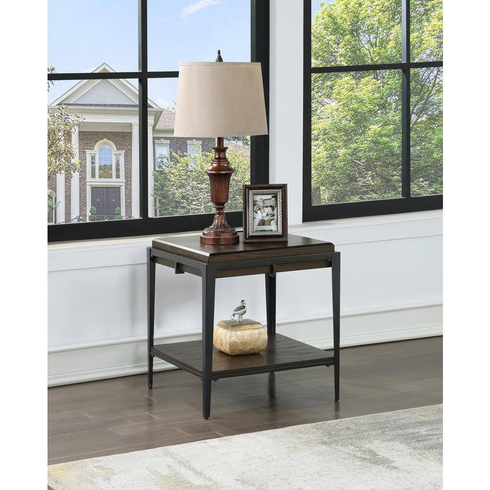 Espresso Ash Veneer and Iron Frame End Table with Shelf