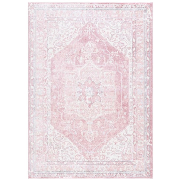 Layla 5 ft. x 8 ft. Ivory Gray/Pink Border Ornate Area Rug