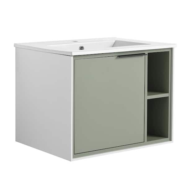 LORDEAR 24 in. W x 18 in. D x 18 in. H Floating Wall Mounted Bath Single Vanity in Green with White Cermaic Sink