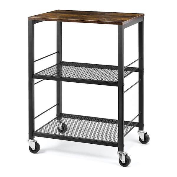 3-Tier Rolling Cart, Brown Kitchen Microwave Cart with Wheels and Storage, Utility Cart for Kitchen