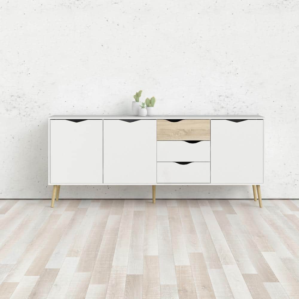 Scandinavian White and Oak 77" Sideboard with Adjustable Shelves