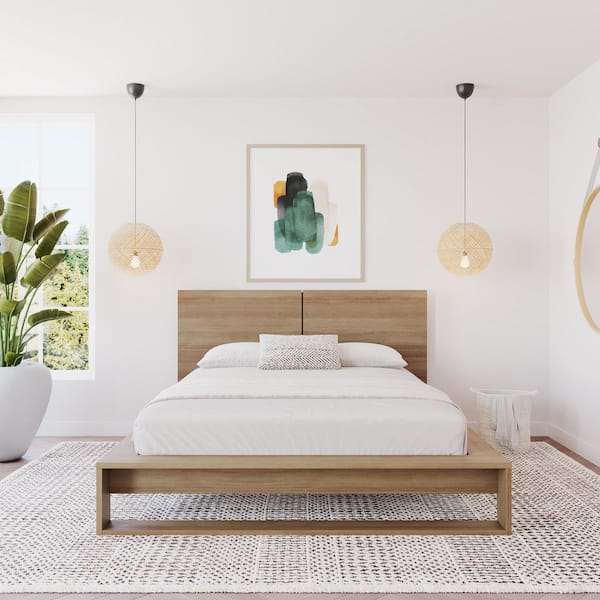 Audrey Brown Oak Frame Queen Size Platform Bed with Headboard