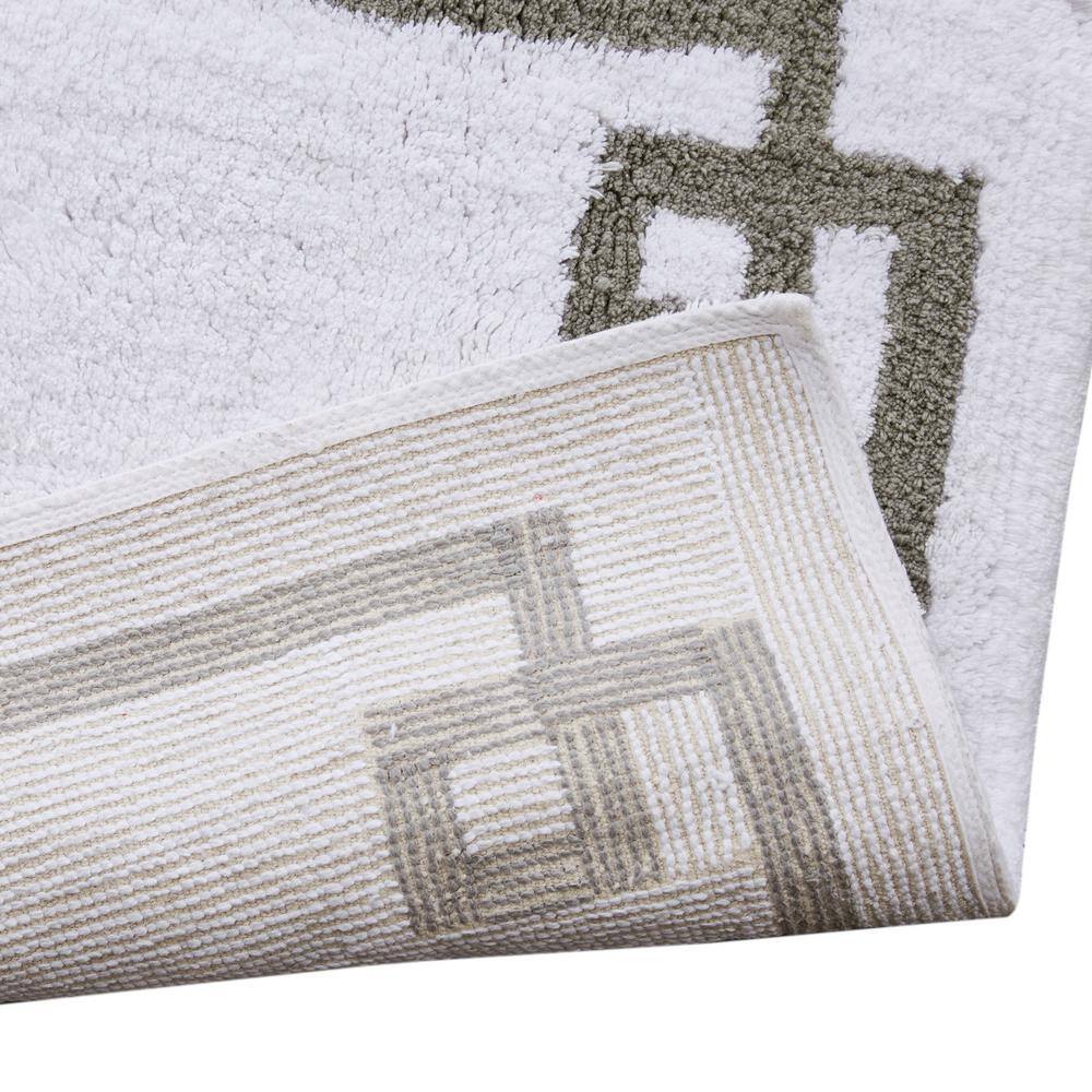 White and Gray Cotton Tufted Bath Rug with Geometric Border