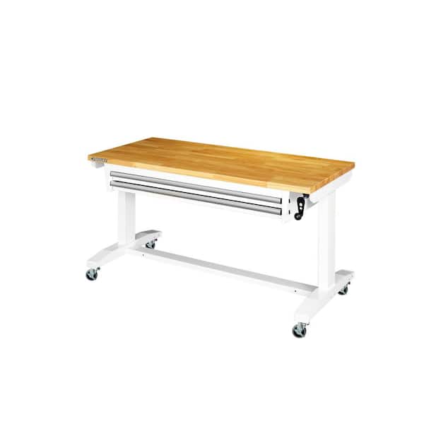 Husky 52 in. W x 24 in. D Steel 2-Drawer Adjustable Height Solid Wood Top Workbench Table in White