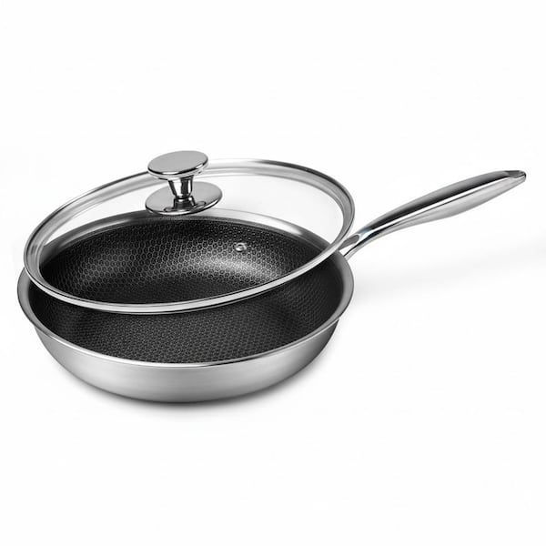 2 qt. Nonstick Stainless Steel Frying Pan with Lid Honeycomb Skillet Saute Pan for Gas Electric Induction Ceramic Oven