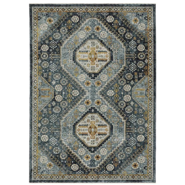 AVERLEY HOME Ambrose Blue/Gold 7 ft. x 10 ft. Oriental Tribal Medallion Polyester Fringe Edge Indoor Area Rug